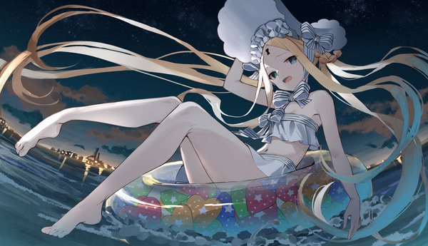 Anime picture 3200x1842 with fate (series) fate/grand order abigail williams (fate) abigail williams (swimsuit foreigner) (fate) yuuuuu single looking at viewer highres open mouth blue eyes light erotic blonde hair wide image sitting cloud (clouds) full body bent knee (knees) outdoors very long hair head tilt