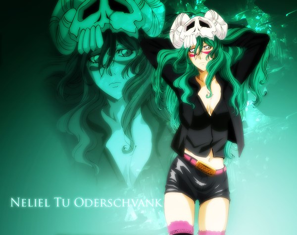 Anime picture 1600x1265 with bleach studio pierrot nelliel tu odelschwanck single long hair fringe breasts light erotic simple background large breasts standing green eyes cleavage green hair hair over one eye inscription face arms behind head espada girl