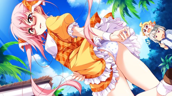 Anime picture 1024x576 with taiyou no promia taiyou no promia flowering days kodama (taiyou no promia) amari na bembe berbel promia long hair blush light erotic red eyes wide image twintails pink hair game cg cloud (clouds) girl dress underwear panties glasses