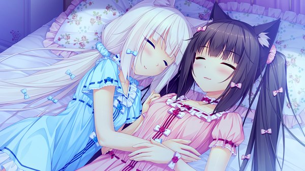 Anime picture 1280x720 with neko paradise neko works (studio) vanilla (nekopara) chocola (nekopara) sayori long hair blush fringe black hair wide image twintails multiple girls animal ears pink hair lying eyes closed light smile cat ears cat girl on back