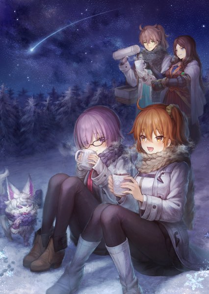 Anime picture 1617x2275 with fate (series) fate/grand order mash kyrielight fujimaru ritsuka (female) fou (fate) leonardo da vinci (fate) romani akiman mashuu (neko no oyashiro) long hair tall image blush fringe short hair open mouth blue eyes hair between eyes standing sitting purple eyes multiple girls