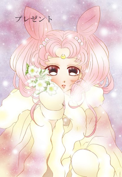 Anime picture 945x1370 with bishoujo senshi sailor moon toei animation chibiusa princess usagi small lady yukari katou single long hair tall image looking at viewer blush fringe simple background red eyes holding pink hair upper body parted lips inscription hair bun (hair buns) hieroglyph