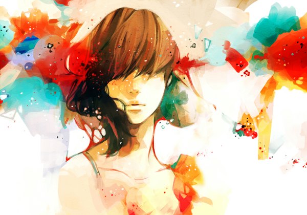 Anime picture 1000x700 with original tae (artist) single looking at viewer fringe short hair brown hair parted lips portrait hair over eyes abstract girl clothes