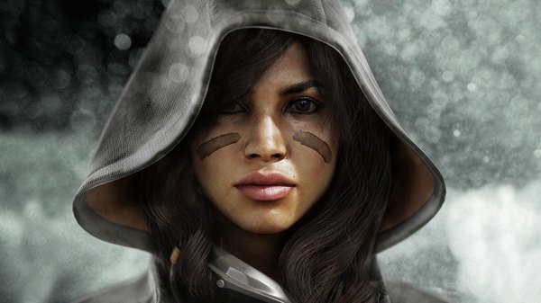 Anime picture 1920x1080 with killzone 3 (game) single long hair looking at viewer highres brown hair wide image lips realistic face paint girl hood