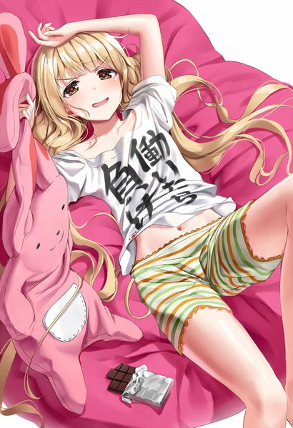 Anime picture 1165x1703 with idolmaster idolmaster cinderella girls futaba anzu superpig (wlstjqdla) single long hair tall image looking at viewer blush fringe open mouth light erotic blonde hair smile holding brown eyes lying blunt bangs arm up midriff