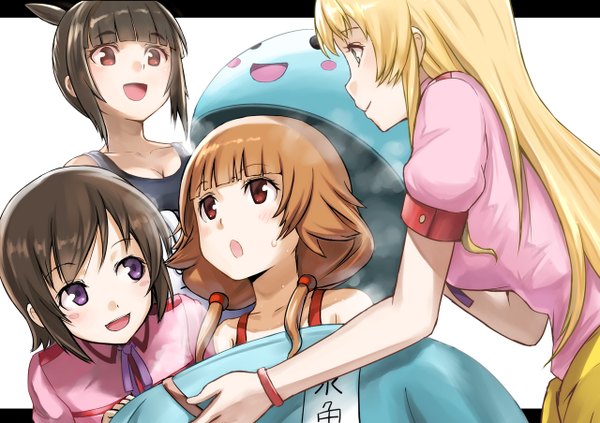 Anime picture 1280x904 with futsuu no joshikousei ga locodol yattemita usami nanako kohinata yukari mikoze yui nazukari mirai uogokoro-kun tea (nakenashi) long hair blush fringe short hair open mouth simple background blonde hair red eyes brown hair white background purple eyes twintails bare shoulders