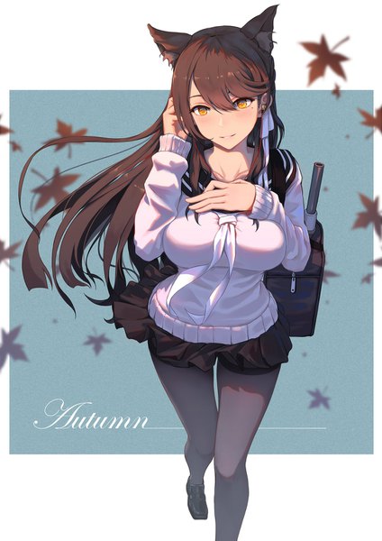 Anime picture 1080x1527 with azur lane atago (azur lane) 5555 96 single long hair tall image looking at viewer blush fringe simple background hair between eyes brown hair animal ears yellow eyes parted lips pleated skirt wind mole mole under eye text