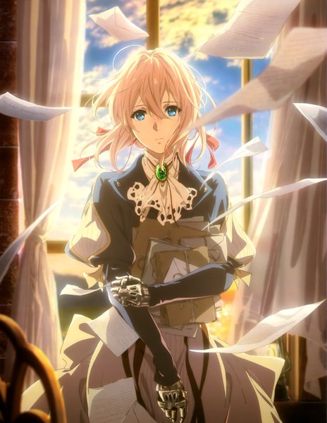 Anime picture 3160x4083 with violet evergarden kyoto animation violet evergarden (character) takase akiko single tall image looking at viewer fringe highres short hair blue eyes blonde hair hair between eyes absurdres cloud (clouds) wind scan official art puffy sleeves evening