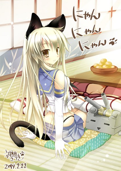 Anime picture 800x1132 with kantai collection shimakaze destroyer kanna satsuki single long hair tall image blush sitting brown eyes animal ears white hair tail animal tail cat ears cat girl cat tail kemonomimi mode girl skirt gloves