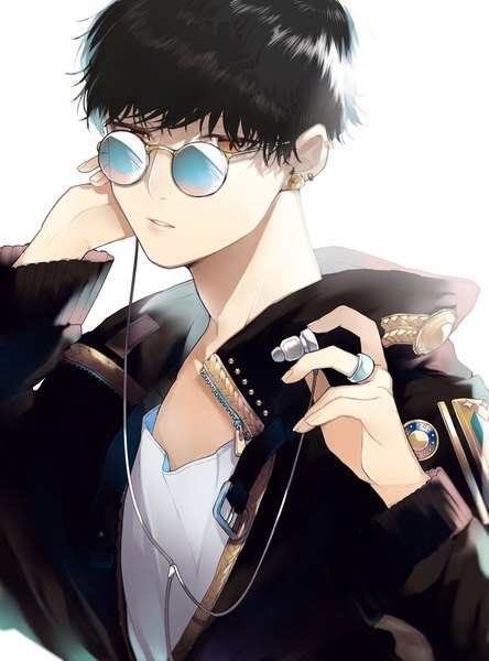 Anime-Bild 1378x1860 mit original sogawa single tall image looking at viewer short hair black hair simple background white background upper body open jacket orange eyes piercing ear piercing slit pupils fashion boy jacket headphones ring