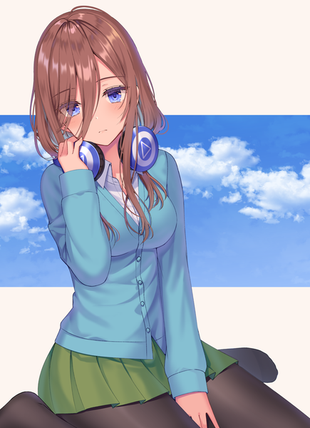Anime picture 1671x2305 with go-toubun no hanayome nakano miku izumo neru single long hair tall image looking at viewer blush fringe blue eyes simple background smile brown hair white background sitting sky cloud (clouds) head tilt pleated skirt hair over one eye