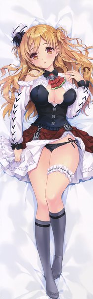 Anime picture 2311x7341 with kantai collection zara (kantai collection) carnelian single long hair tall image looking at viewer blush highres breasts light erotic blonde hair large breasts bare shoulders brown eyes cleavage bent knee (knees) braid (braids) scan side braid