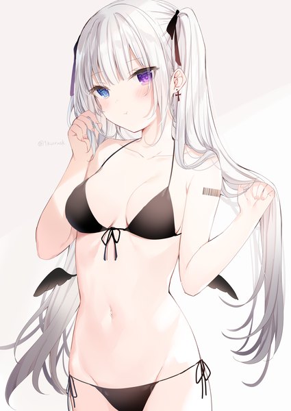 Anime picture 1756x2479 with original mafuyu (chibi21) single long hair tall image looking at viewer blush fringe highres breasts blue eyes light erotic simple background standing purple eyes signed cleavage silver hair blunt bangs head tilt
