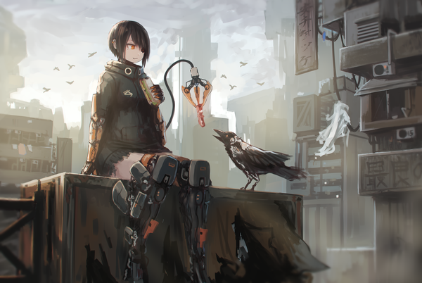 Anime picture 1850x1240 with original sumi elias kasagarasu single fringe highres black hair sitting holding looking away bent knee (knees) tail one eye closed blurry hair over one eye orange eyes alternate costume zettai ryouiki city hieroglyph