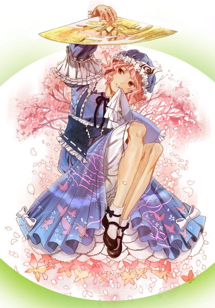 Anime picture 821x1176 with touhou saigyouji yuyuko kaisen single tall image short hair sitting pink hair full body head tilt pink eyes arm up cherry blossoms looking up animal print butterfly print girl dress petals insect