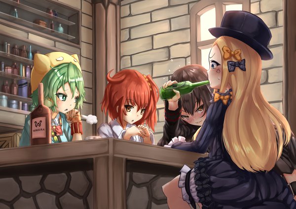 Anime-Bild 1170x827 mit fate (series) fate/grand order girls frontline atelier (series) atelier shallie gust (company) abigail williams (fate) fujimaru ritsuka (female) shallotte elminus nz75 (girls frontline) wakaura asaho long hair short hair open mouth blue eyes blonde hair brown hair sitting multiple girls brown eyes