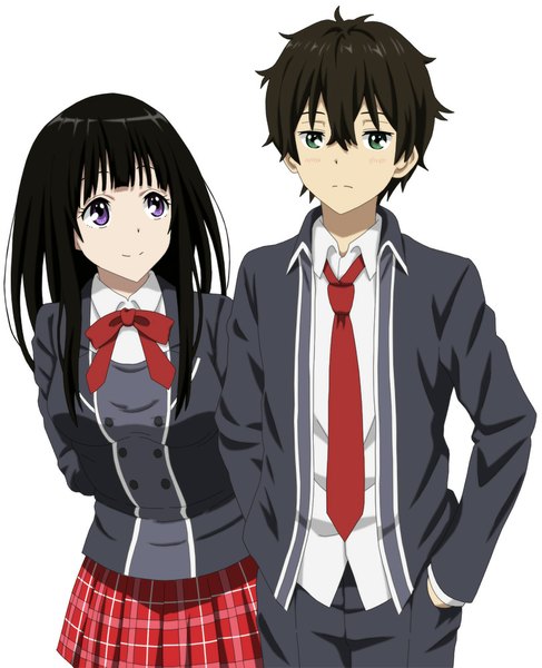 Anime picture 811x1000 with hyouka amagi brilliant park kyoto animation chitanda eru oreki houtarou cp9a long hair tall image short hair blue eyes black hair simple background white background purple eyes cosplay girl boy uniform school uniform necktie