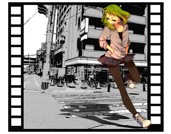 Anime picture 2881x2267 with vocaloid gumi haruka (fizz) single highres short hair smile green eyes pleated skirt green hair teeth shadow city cityscape hands in pockets sharp teeth street crosswalk girl miniskirt