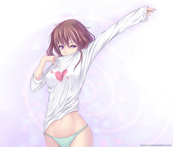Anime picture 1200x1024 with original atomix single long hair looking at viewer light erotic simple background brown hair white background purple eyes heart print girl navel underwear panties heart