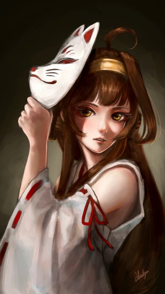 Anime-Bild 1196x2126 mit kantai collection kongou battleship arise (allicebiyon) single long hair tall image simple background brown hair brown eyes signed upper body ahoge traditional clothes japanese clothes shaded face miko girl headband mask fox mask