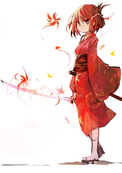Anime picture 2480x3508 with kantai collection inazuma destroyer kaamin (mariarose753) single tall image blush highres short hair simple background brown hair standing white background holding brown eyes looking away full body long sleeves traditional clothes japanese clothes wide sleeves
