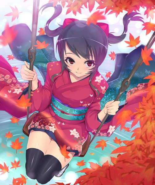 Anime picture 1000x1196 with original kasai shin single long hair tall image blush black hair smile red eyes twintails japanese clothes light smile wind girl thighhighs flower (flowers) black thighhighs kimono leaf (leaves) obi