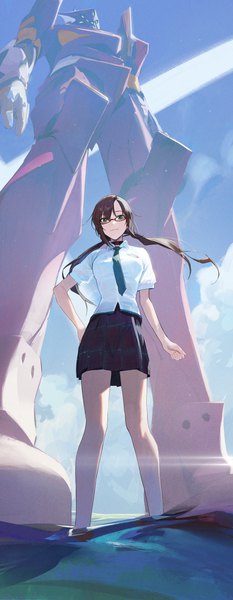 Anime picture 2698x6942 with neon genesis evangelion rebuild of evangelion evangelion: 3.0 you can (not) redo gainax makinami mari illustrious eva 08 modare single long hair tall image looking at viewer highres blue eyes brown hair standing twintails bare legs from below hand on hip partially submerged
