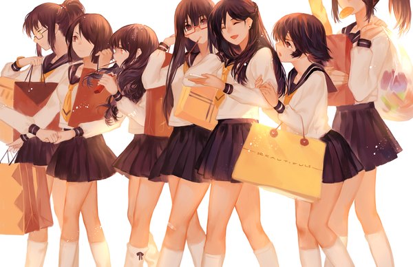 Anime-Bild 1200x776 mit original joseph lee long hair short hair open mouth black hair smile white background multiple girls brown eyes eyes closed 6+ girls 7 girls girl skirt uniform socks glasses serafuku sweets