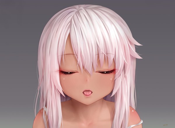 Anime picture 2000x1460 with fate (series) fate/kaleid liner prisma illya kuro (fate/kaleid liner) aki99 single long hair highres open mouth light erotic bare shoulders white hair eyes closed grey background loli girl tongue