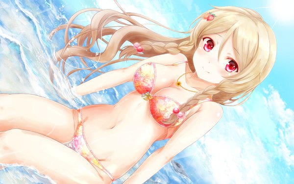 Anime picture 1920x1200 with girlfriend (kari) kohinata ichigo masa (mirage77) single long hair looking at viewer blush fringe highres breasts light erotic blonde hair smile hair between eyes red eyes sitting sky cloud (clouds) outdoors braid (braids)