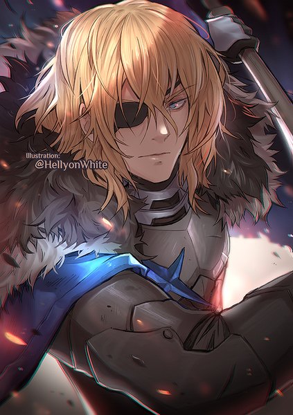 Anime picture 634x900 with fire emblem fire emblem: three houses nintendo dimitri alexandre blaiddyd hellyonwhite single tall image looking at viewer fringe short hair blue eyes hair between eyes holding signed upper body fur trim twitter username fighting stance serious boy