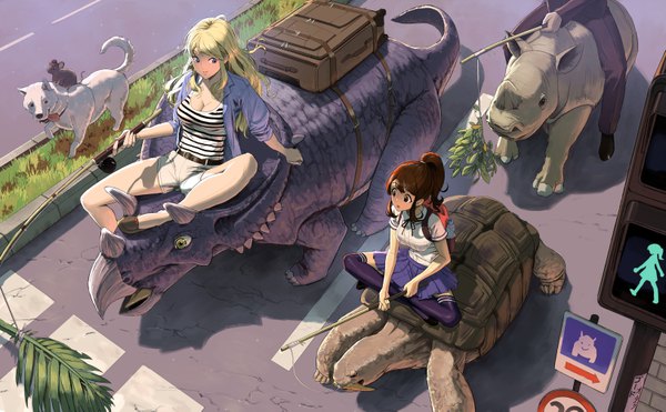 Anime picture 6526x4043 with original goodotaku long hair fringe highres open mouth blue eyes blonde hair smile brown hair wide image multiple girls brown eyes payot looking away absurdres ponytail pleated skirt from above bare legs