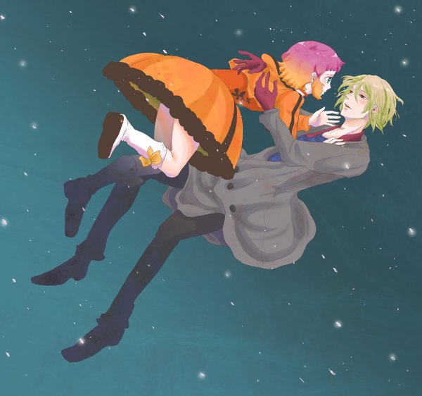 Anime picture 1200x1125 with aquarion (series) aquarion evol satelight jin musou yunoha thrul blush short hair open mouth blonde hair green eyes pink hair multicolored hair orange hair couple flying girl boy gloves coat