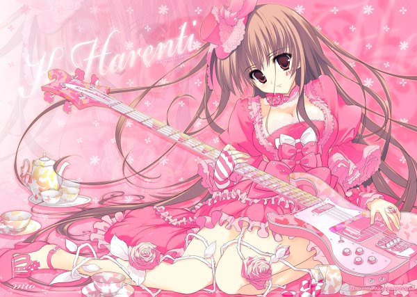 Anime picture 1200x855 with k-on! kyoto animation akiyama mio yoshiwo single looking at viewer blush breasts red eyes brown hair sitting cleavage very long hair character names pink background lolita fashion tea set girl dress flower (flowers)