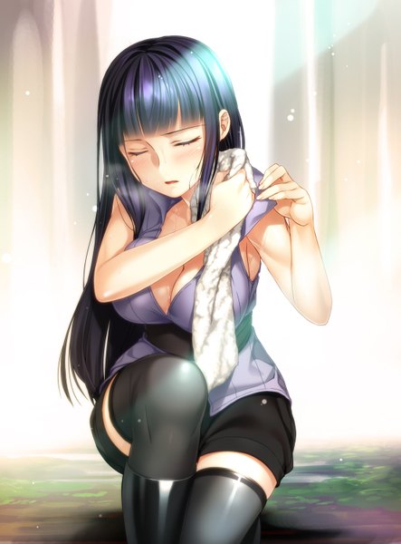 Anime picture 1109x1500 with naruto studio pierrot naruto (series) hyuuga hinata rororororo single long hair tall image fringe breasts open mouth large breasts cleavage purple hair eyes closed girl thighhighs black thighhighs shorts boots
