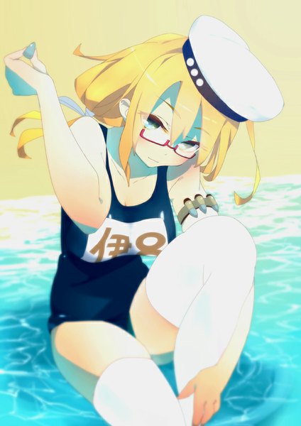 Anime picture 566x800 with kantai collection i-8 submarine sohin single long hair tall image looking at viewer blush blue eyes blonde hair hair between eyes sitting twintails bent knee (knees) beach partially submerged girl thighhighs swimsuit white thighhighs
