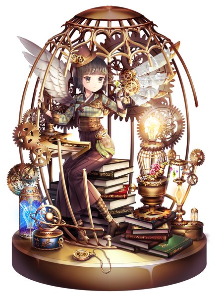 Anime picture 1000x1363 with original saban single tall image short hair black hair simple background white background yellow eyes looking away girl dress gloves hat wings fingerless gloves book (books) clock crystal lamp