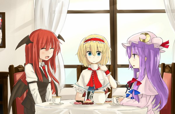 Anime picture 1686x1100 with touhou patchouli knowledge alice margatroid koakuma hinami047 long hair blush fringe short hair open mouth blue eyes smile hair between eyes sitting purple eyes multiple girls holding looking away purple hair red hair