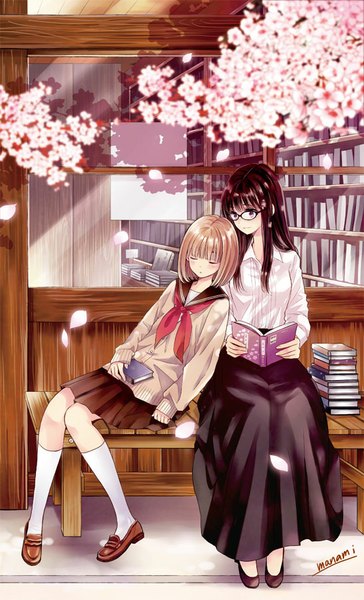 Anime picture 547x900 with himawari-san himawari-san (character) kazamatsuri matsuri sugano manami long hair tall image short hair black hair blonde hair smile multiple girls holding bent knee (knees) pleated skirt sunlight cherry blossoms sleeping girl skirt uniform