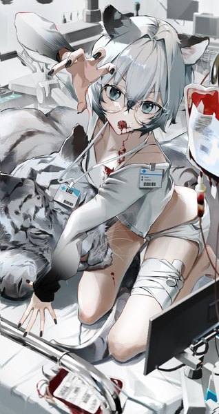 Anime picture 2141x4034 with original keki chogyegi single tall image looking at viewer fringe highres short hair hair between eyes animal ears silver hair nail polish silver eyes black nail polish blood on face bloody clothes claw pose tiger ears tiger girl girl