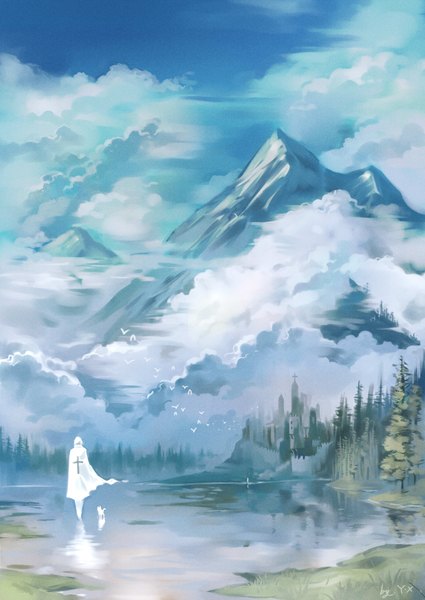Anime picture 2952x4169 with original yuushoku tall image highres sky cloud (clouds) from behind mountain landscape boy plant (plants) animal tree (trees) water bird (birds) cat cloak grass cross forest