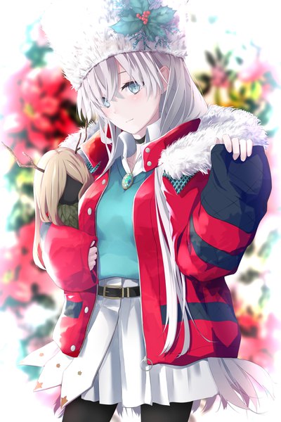 Anime picture 1500x2250 with fate (series) fate/grand order anastasia (fate) viy (fate) oriuo q single long hair tall image looking at viewer blush fringe blue eyes hair between eyes standing holding silver hair blurry open jacket fur trim sleeves past wrists