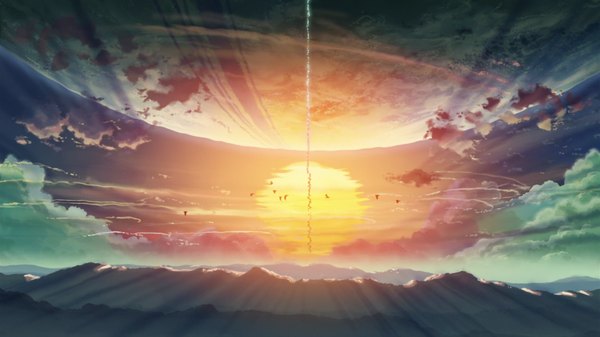 Аниме картинка 1920x1080 с 5 сантиметров в секунду shinkai makoto высокое разрешение широкое изображение небо облако (облака) пейзаж животное птица (птицы) солнце comix wave