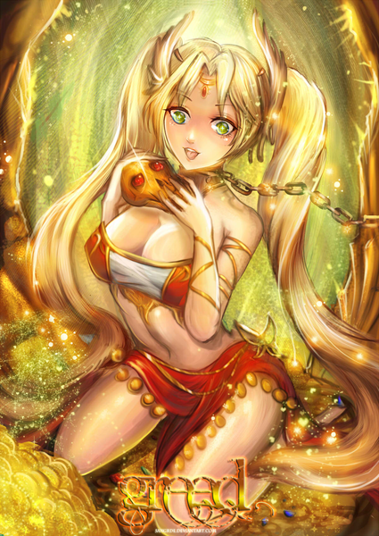 Anime picture 1200x1695 with the seven deadly sins (sangrde artist) original greed (sangrde artist) sangrde single tall image light erotic blonde hair smile twintails green eyes very long hair girl tongue chain gold