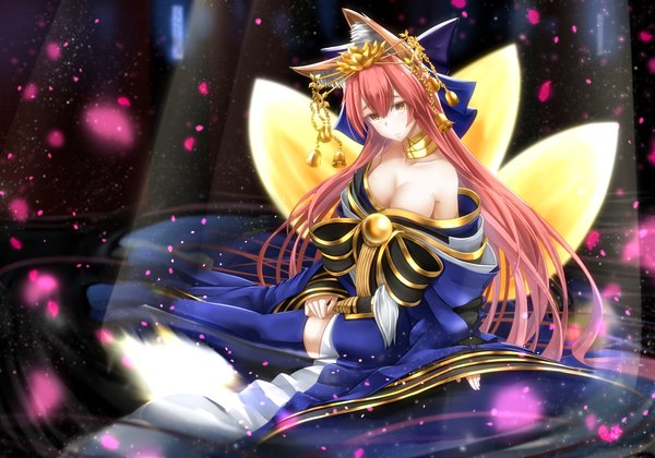 Anime picture 5000x3500 with fate (series) fate/extra tamamo (fate) (all) tamamo no mae (fate) totororo single long hair looking at viewer blush fringe highres breasts light erotic hair between eyes large breasts sitting animal ears yellow eyes pink hair absurdres