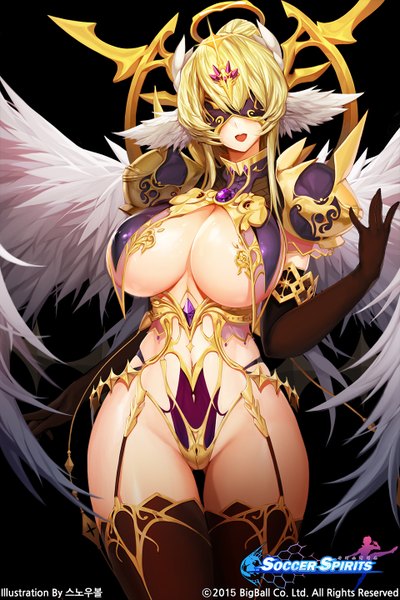 Anime picture 960x1440 with soccer spirits snowball22 single long hair tall image fringe breasts open mouth light erotic blonde hair large breasts standing signed hair bun (hair buns) alternate costume black background spread arms angel wings wide hips girl
