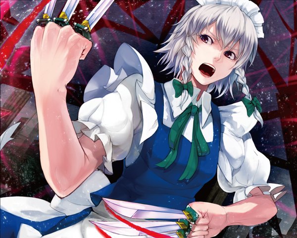 Anime picture 1496x1202 with touhou izayoi sakuya akishuon short hair open mouth red eyes white hair braid (braids) maid hand on hip girl skirt weapon headdress maid headdress skirt set dagger