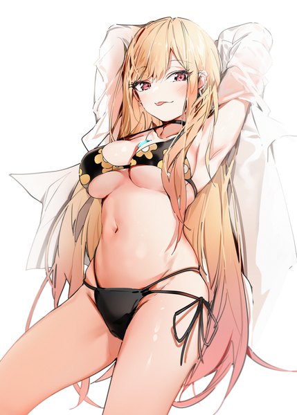 Anime picture 2400x3360 with sono bisque doll wa koi wo suru cloverworks kitagawa marin silver (chenwen) single long hair tall image looking at viewer highres breasts light erotic simple background blonde hair red eyes large breasts white background from below armpit (armpits) underboob floral print