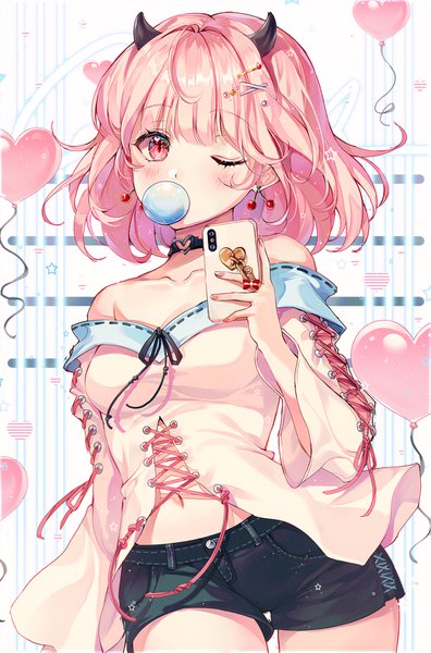 Anime picture 1111x1685 with original ttosom single tall image looking at viewer blush fringe short hair breasts standing bare shoulders holding pink hair long sleeves nail polish one eye closed pink eyes arm up horn (horns) wink
