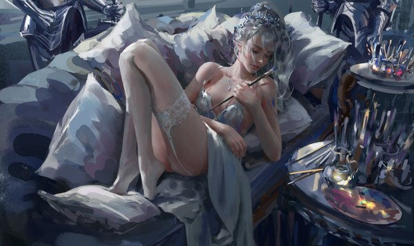 Anime picture 8400x5000 with ghost blade yan (ghost blade) wlop long hair blush fringe highres light erotic hair between eyes wide image holding absurdres cleavage full body bent knee (knees) ass indoors lying eyes closed head tilt